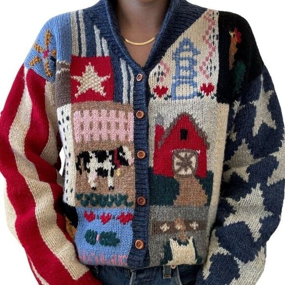 Vintage 1980s The Eagles Eye Hand Knit Wool Farm Scene Cottagecore Cardigan Sz M - Picture 1 of 8